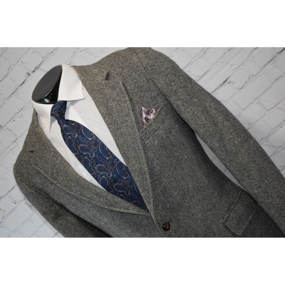 Allyn St George Sport Coat Mens 42 Reg Gray Herringbone Wool Blazer Two BTN VTG